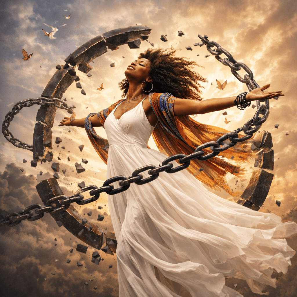Woman breaking large chains with joyful expression and vibrant sky