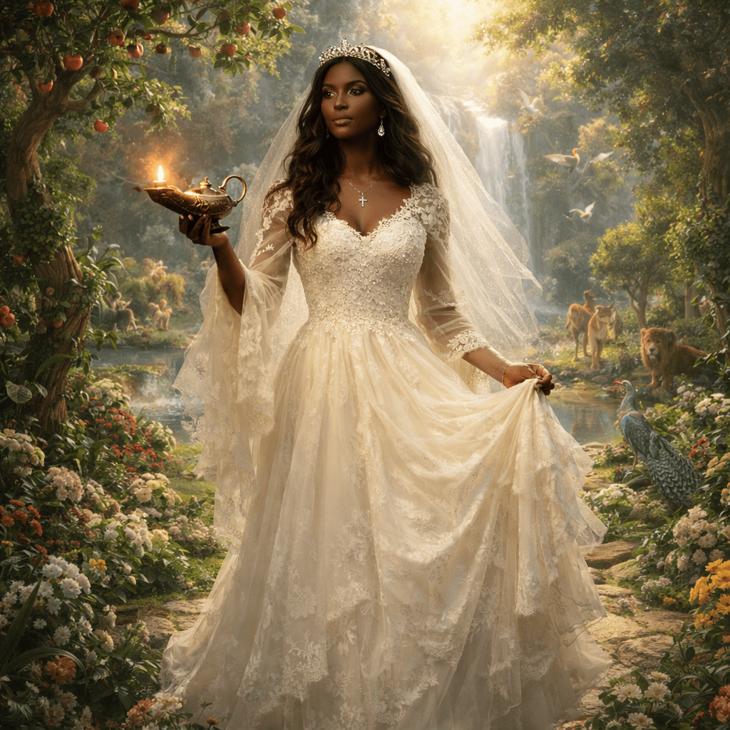 Bride in lace wedding dress holding an antique glowing lamp