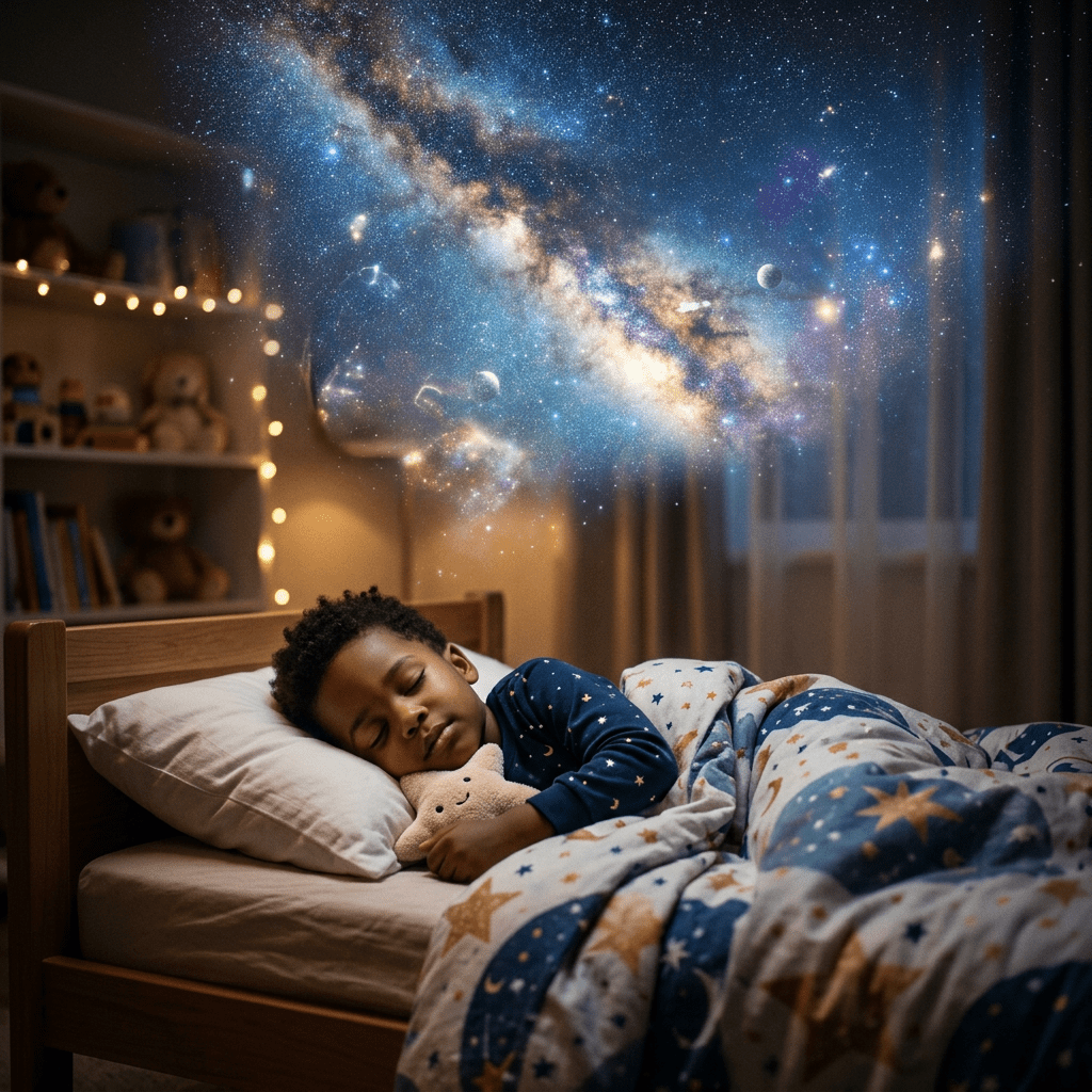 Child sleeping in bed holding a star-shaped pillow with galaxy imagery above