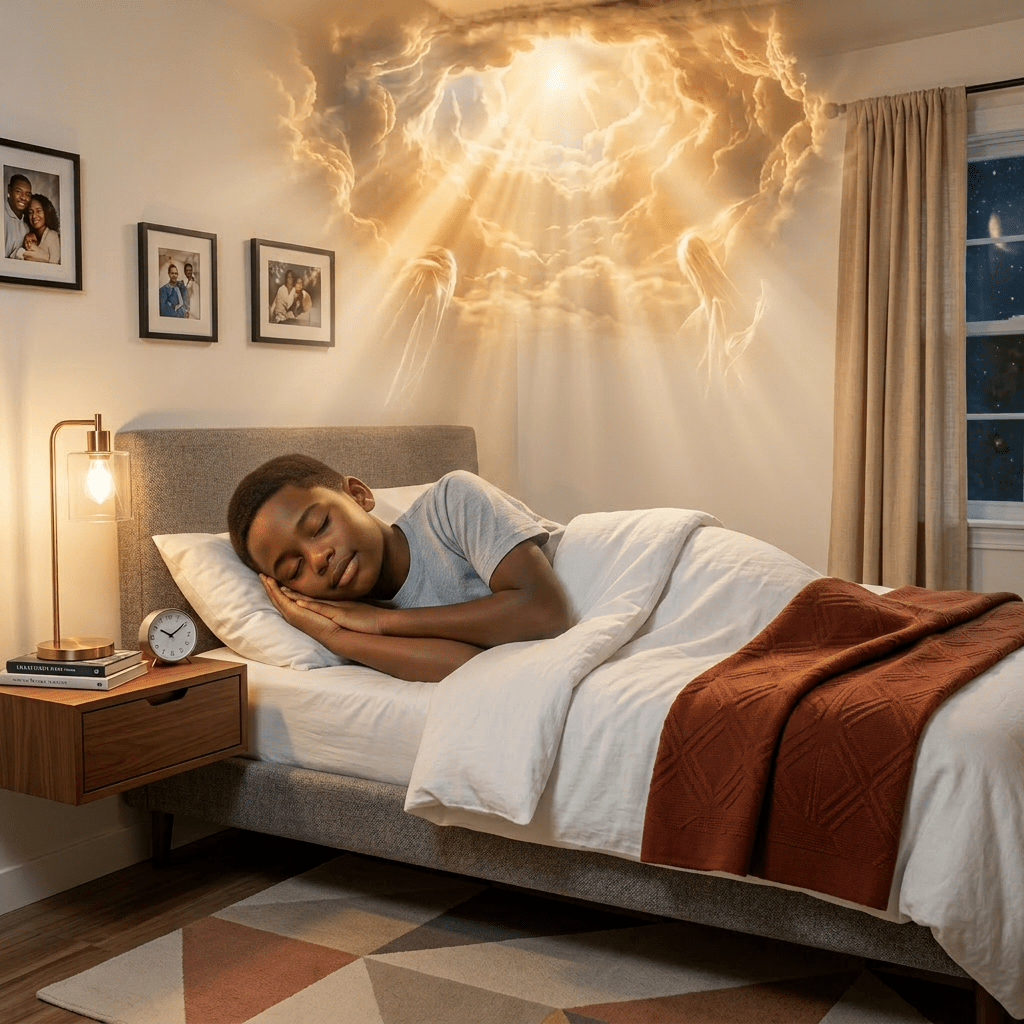 Young patient sleeping in hospital bed with IV and monitor, dreaming of crescent moon and stars