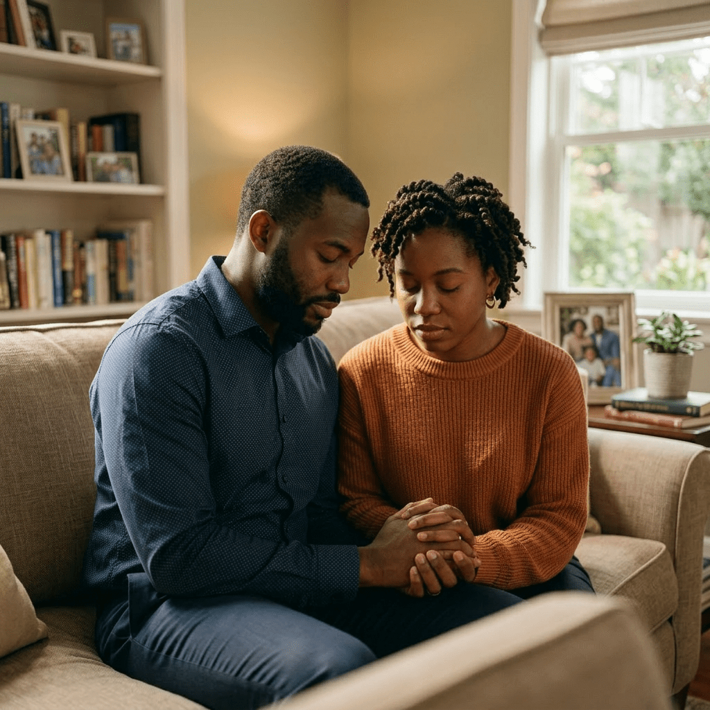 Couple sitting on church bench holding hands and praying with eyes closed