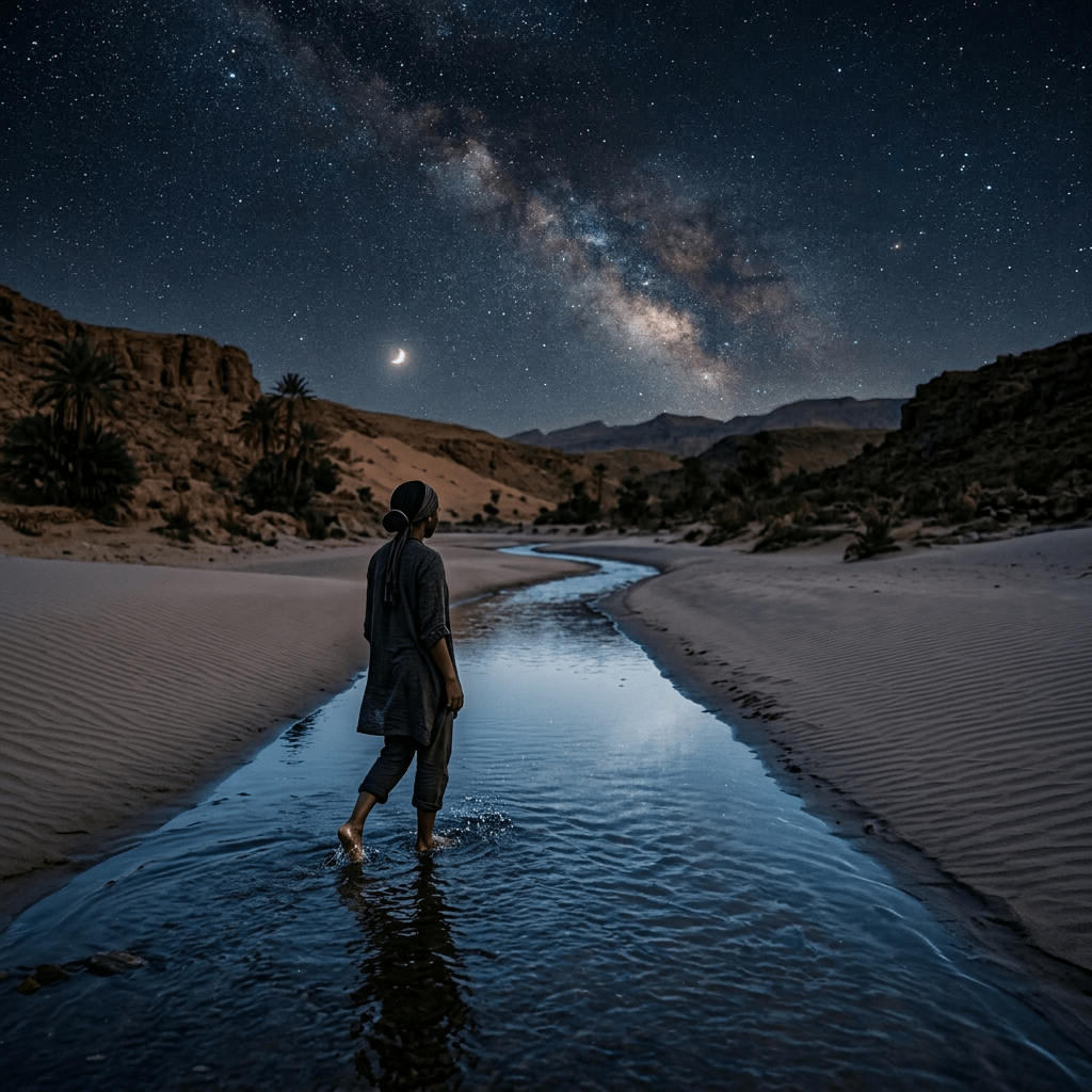 Person barefoot walking in shallow river at night with Milky Way and crescent moon overhead