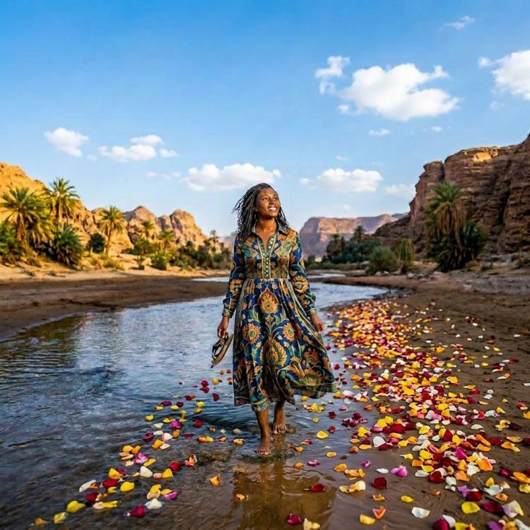 Woman in floral dress walking barefoot in shallow desert stream under starry sky