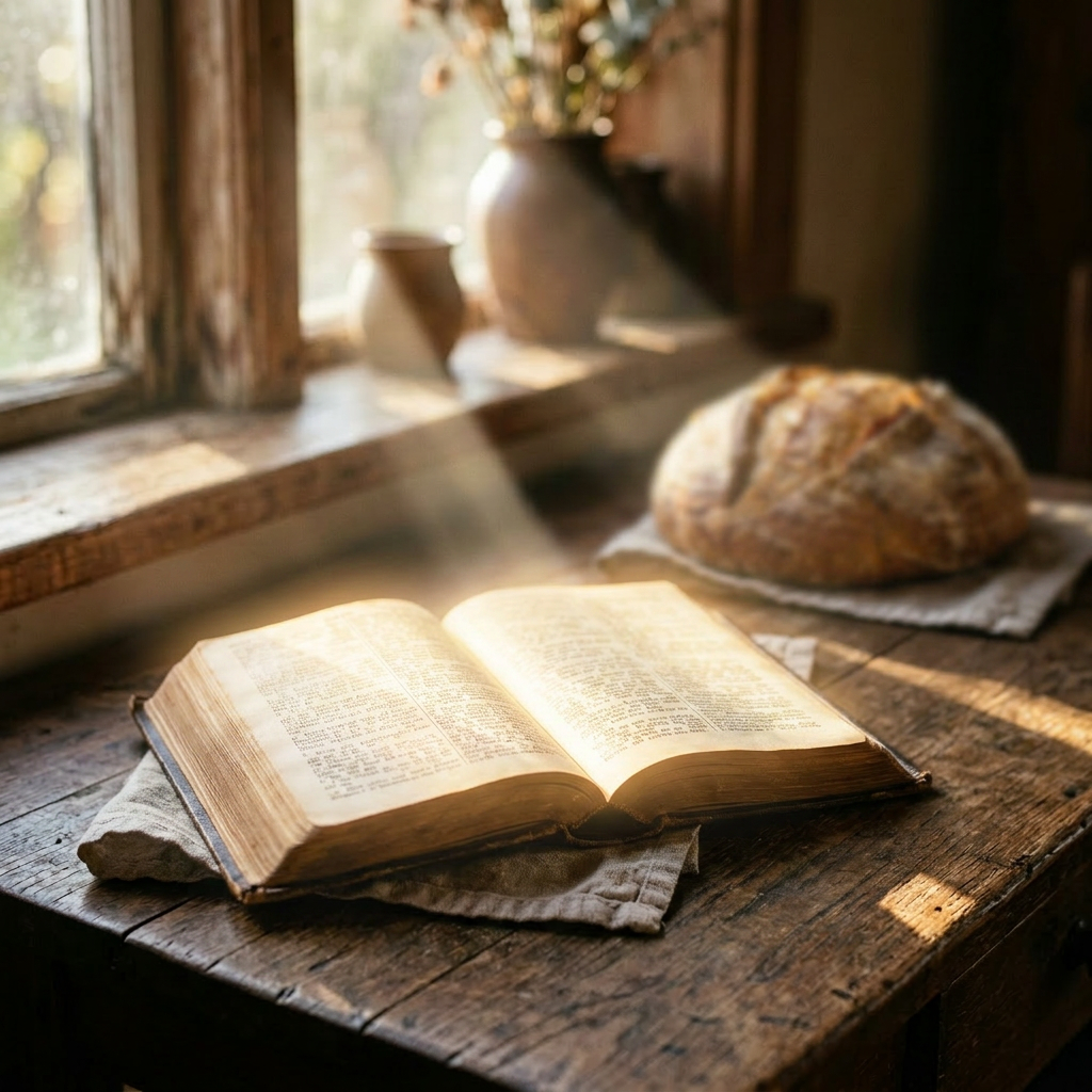 Round loaf of rustic bread on cloth with open book on wooden table near window with sunlight