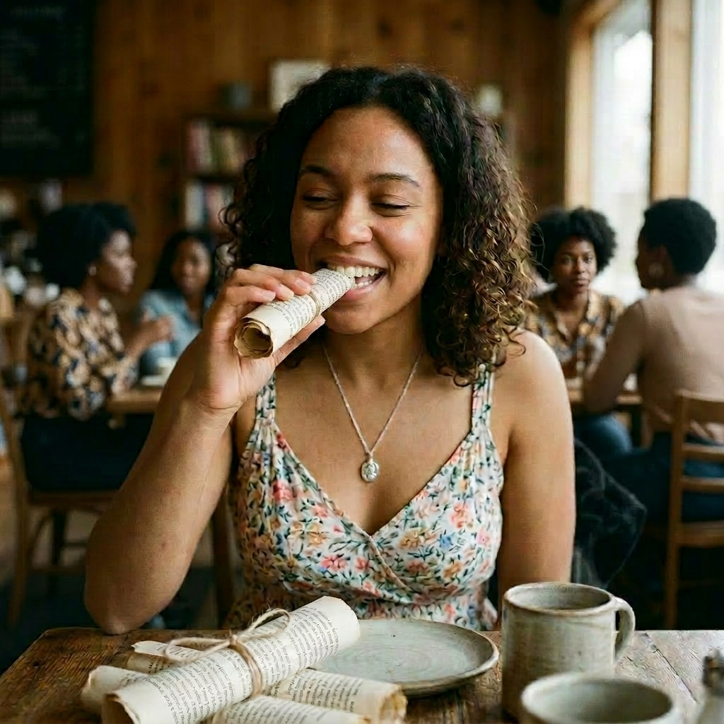 Woman eating a rolled wrap while sitting at a wooden table in a café