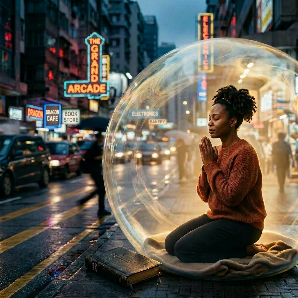 Woman meditating inside a transparent bubble on city sidewalk
