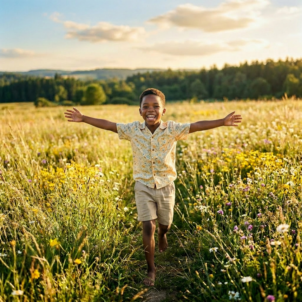 A smiling girl in a yellow dress running barefoot through a wildflower meadow with arms outstretched