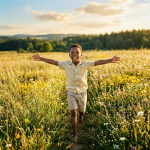 A smiling girl in a yellow dress running barefoot through a wildflower meadow with arms outstretched