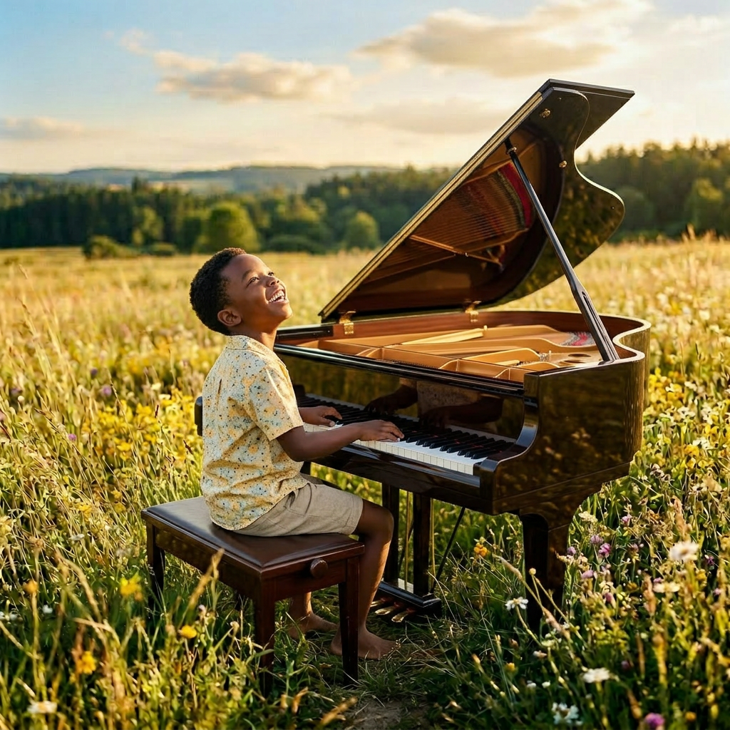 A smiling girl in a yellow dress running barefoot through a wildflower meadow with arms outstretched
