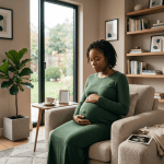Pregnant woman sitting prayerfully in a church pew during worship