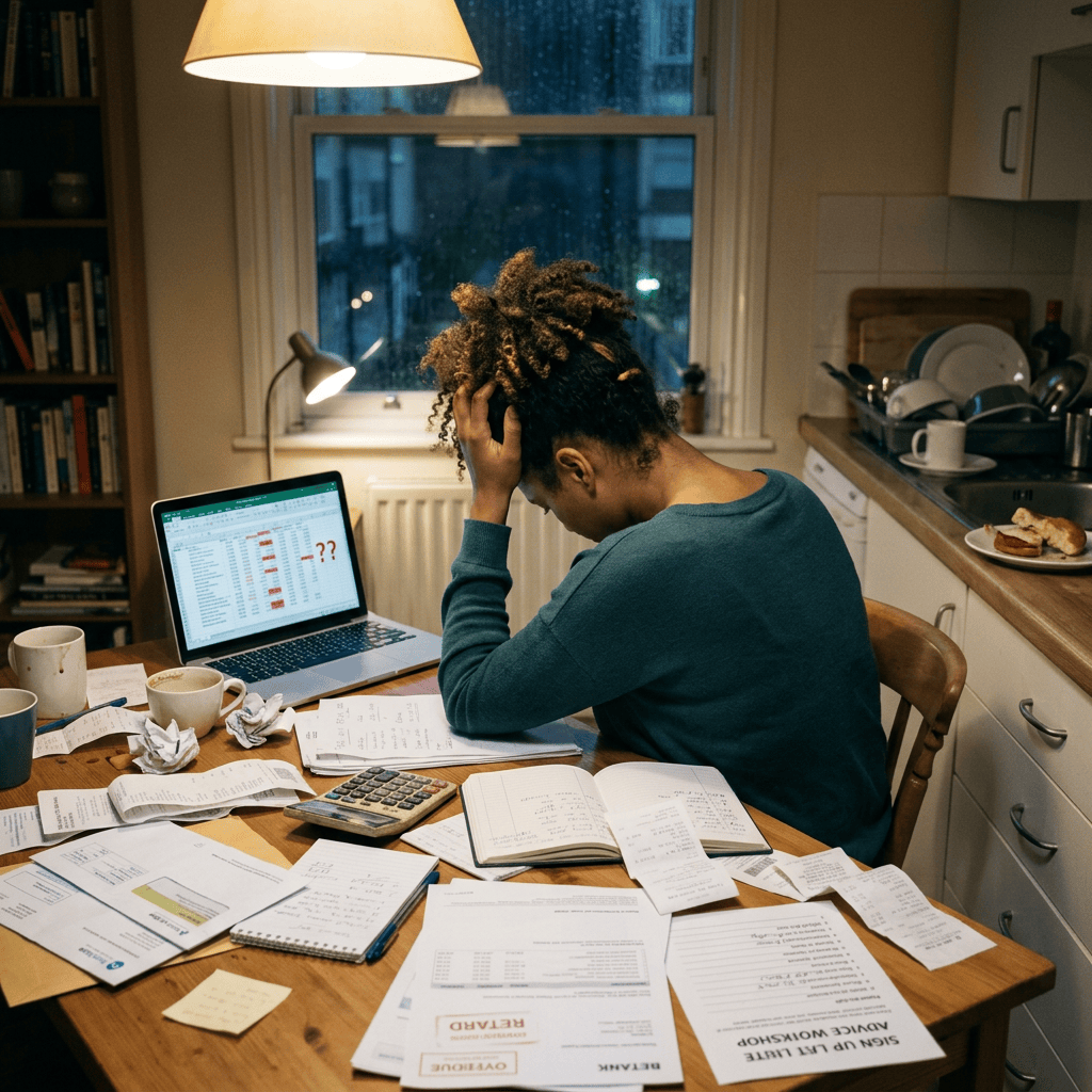 Person overwhelmed by bills, receipts, calculator, and laptop at kitchen table