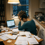 Person overwhelmed by bills, receipts, calculator, and laptop at kitchen table