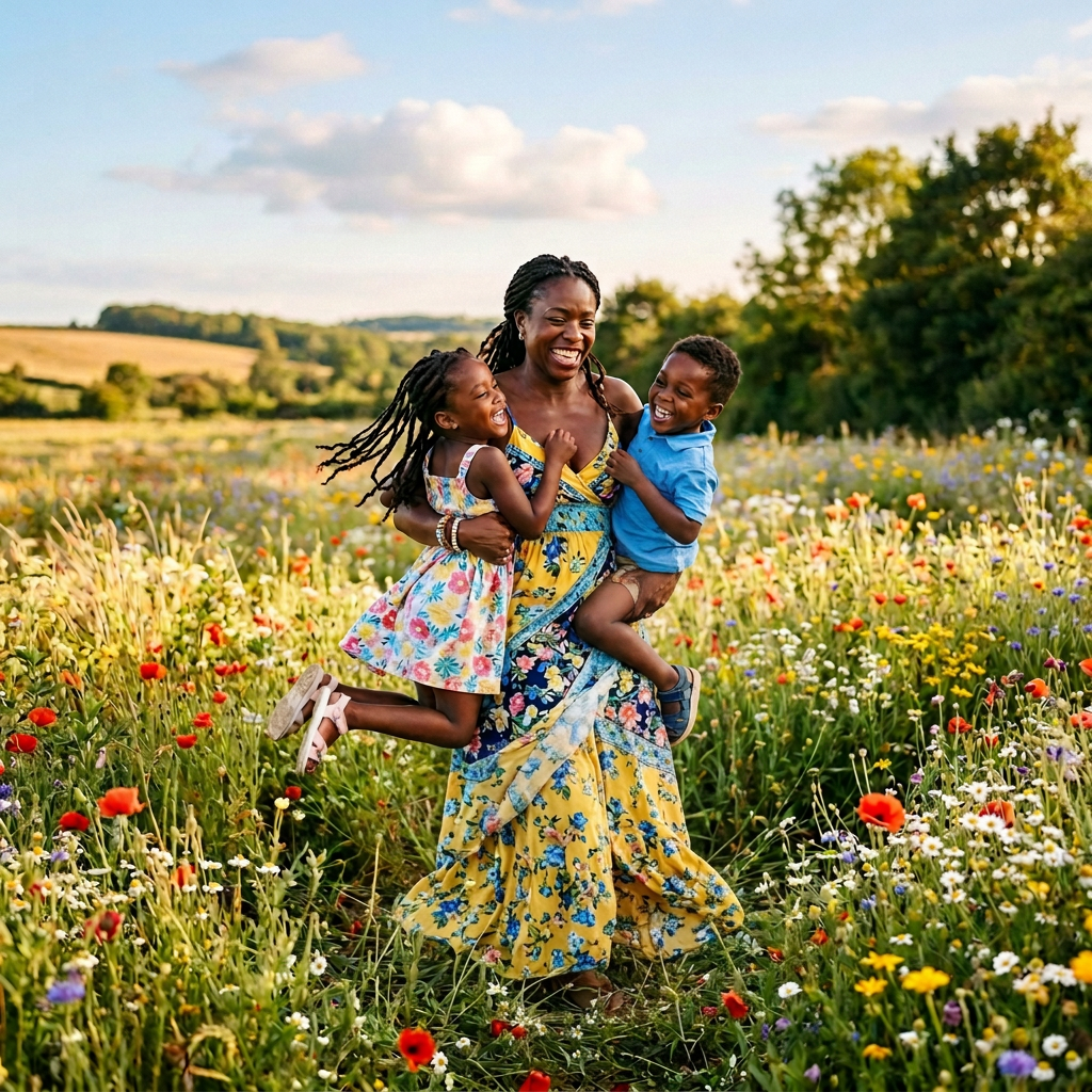 Joyful family connection in wildflower meadow Laughing mother carrying two children through a colorful wildflower meadow