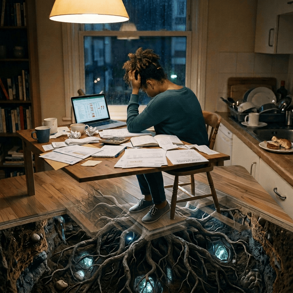 Person overwhelmed by bills, receipts, calculator, and laptop at kitchen table